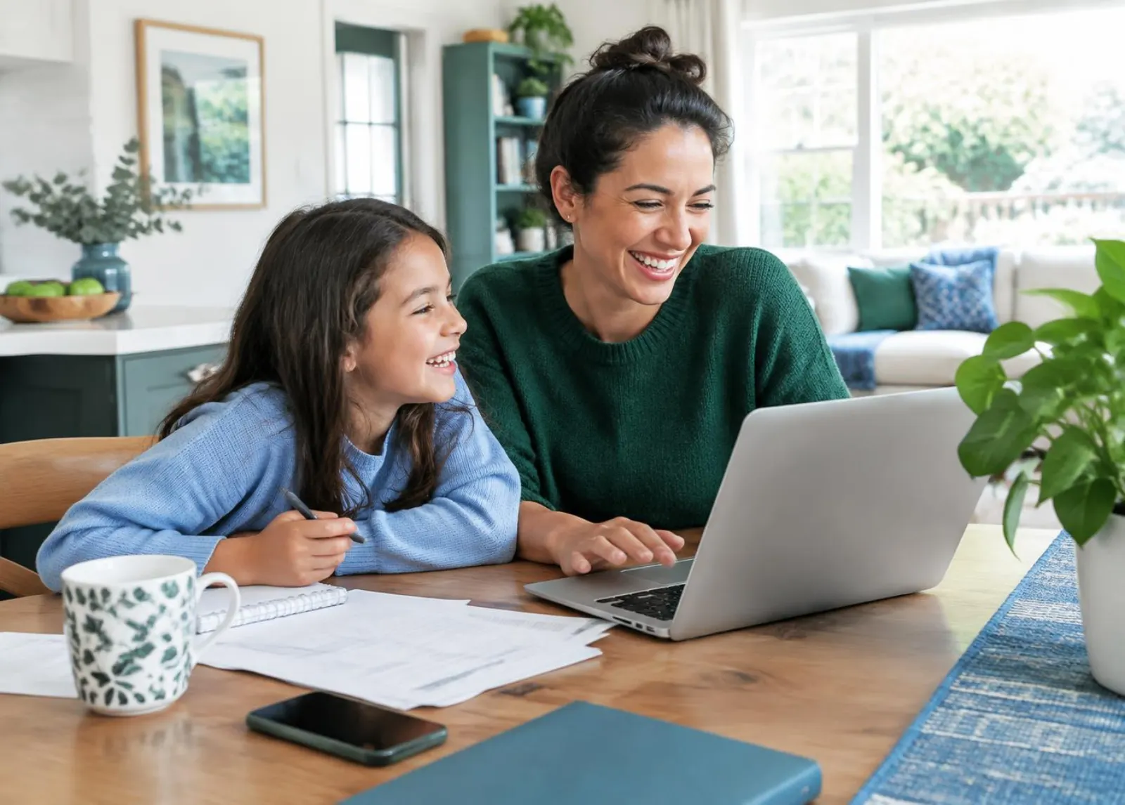 A parent and child reviewing household finances together